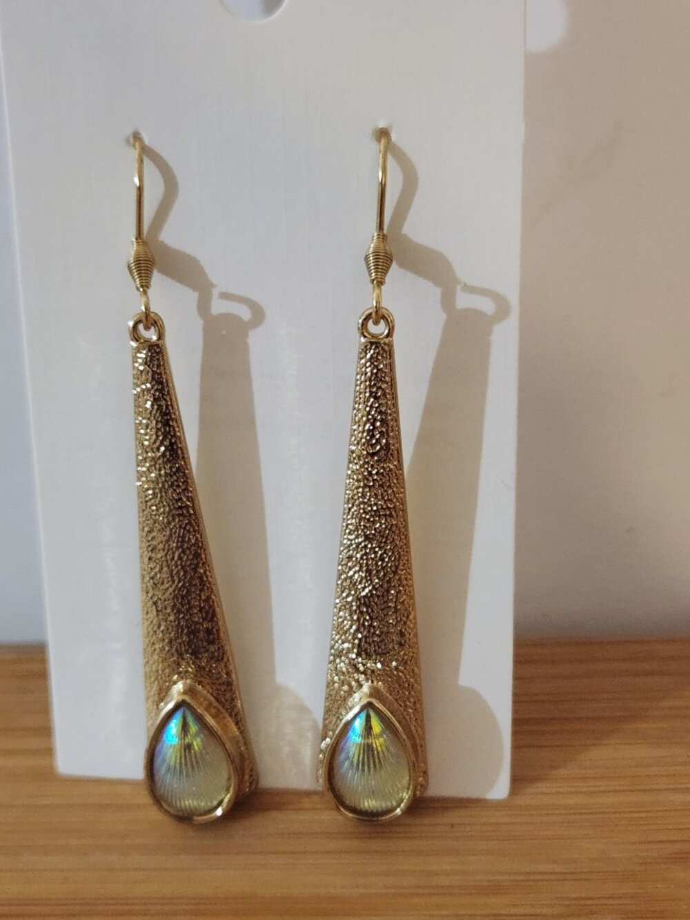 Hand Crafted Iridescent Gold Teardrop Long Dangle Earrings - Picture 4 of 5